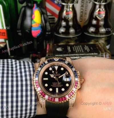 Rolex Submariner Replica Watch Rose Gold Rubber Strap Watch Rainbow Bezel
